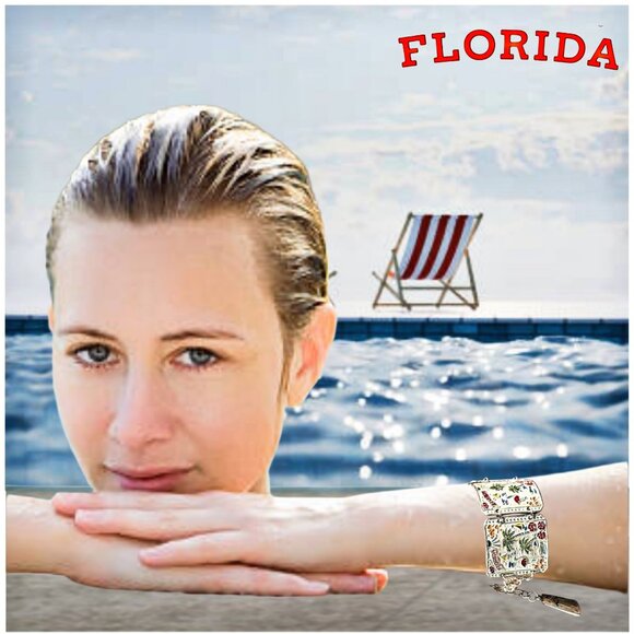 Vintage 1950's Florida Panel Bracelet Painted Enamel Aluminum Statement Japan - Picture 2 of 6